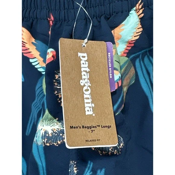 Patagonia Baggies Longs Shorts Men XS Blue Floral Bird Print Recycled Nylon 7" - Picture 3 of 13